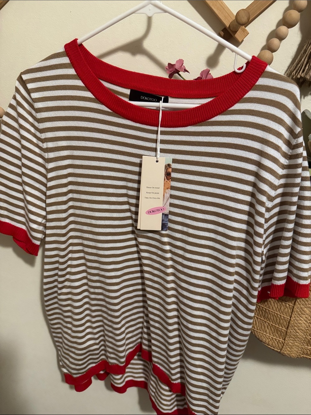 Derek Lam Beige and White Striped Knit Top with Red Trim
